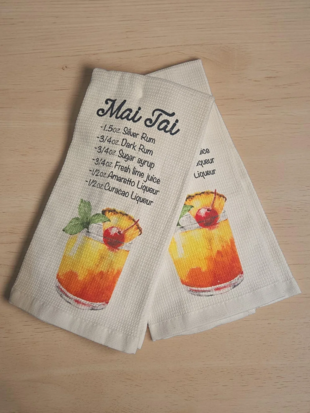 Mai Tai Cocktail Kitchen Towel - White with Yellow and Orange Print